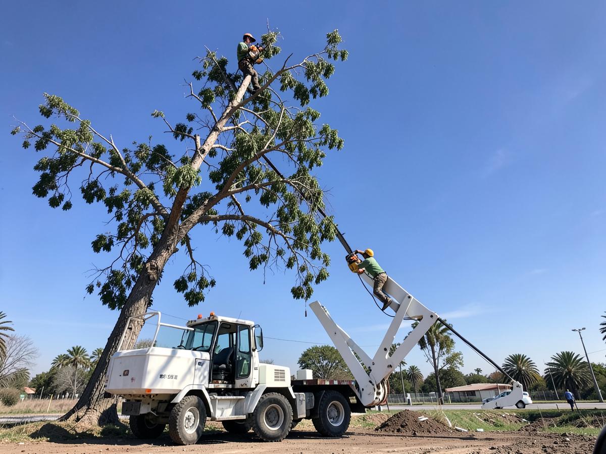 Crew using a bucket truck boom to trim the top of a tall tree